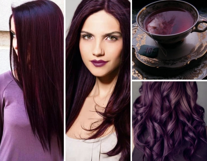 les cheveux violet pour qui, coloration de cheveux tendance 2018, teinture de nuance violet foncé