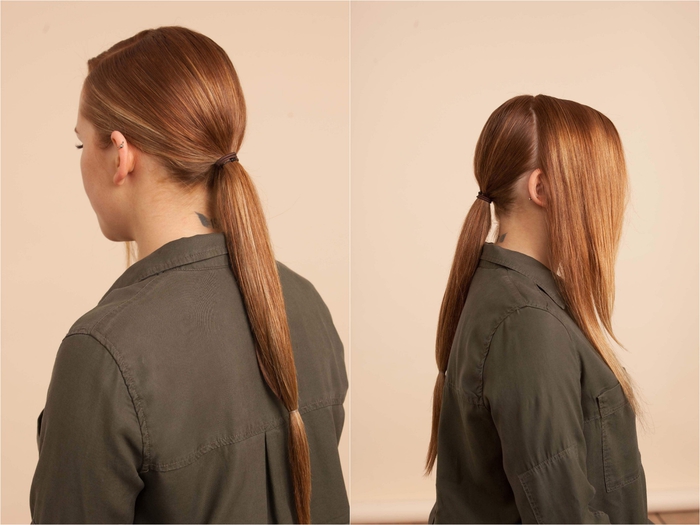 idée pour une coiffure chic avec chignon bas demi-queue-de-cheval réalisé sur cheveux longs, lisses et brillants