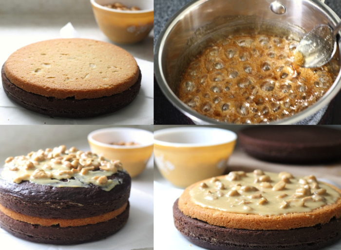 recette originale de gateau d’anniversaire au chocolat et à la crème dulce de leche saveur snickers gâce aux cacahuètes caramélisées
