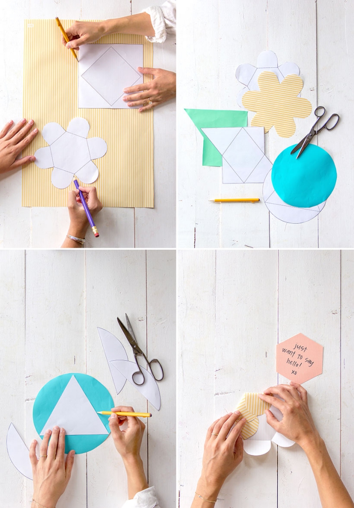 pliage papier, gabarits en formes géométriques à découper pour faire une enveloppe originale