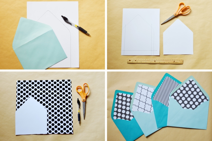 faire une enveloppe avec une feuille a4, découper un morceau de papier à design géométrique pour personnaliser une enveloppe
