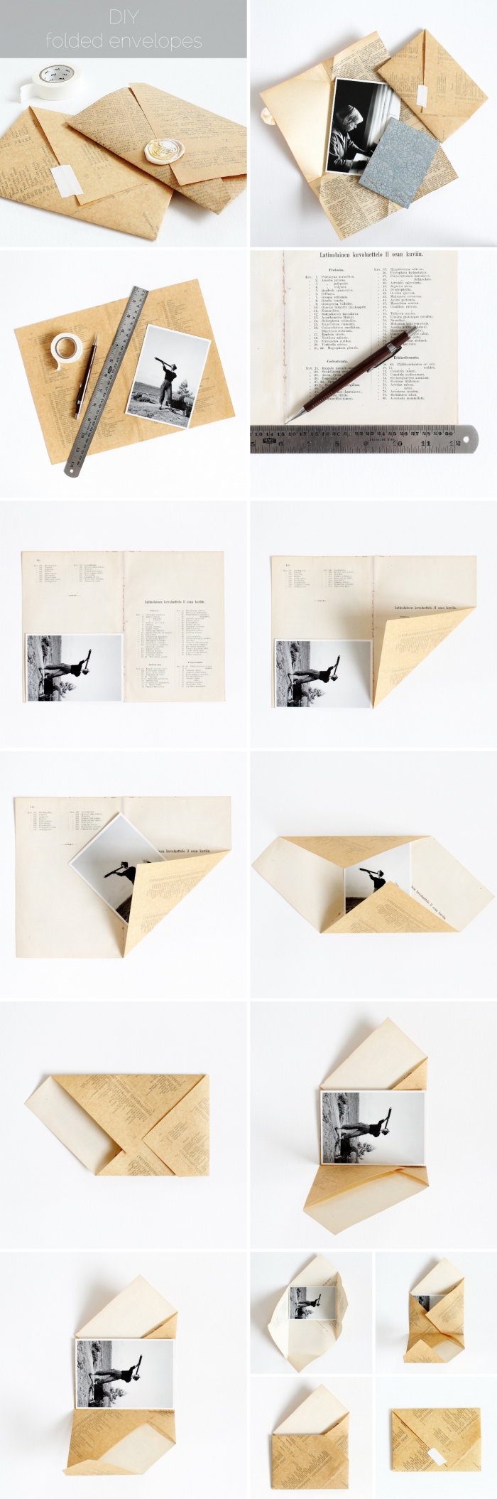 fabriquer une enveloppe, étapes à suivre pour envelopper une photo ou carte postale en papier page de journal