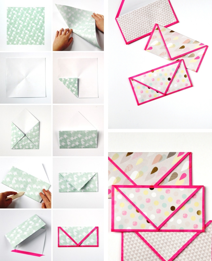 tutoriel avec les instructions pour réaliser une enveloppe de papier coloré avec décoration en washi tape rose