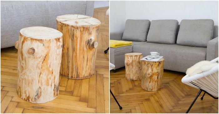 modele de table basse bois brut, des tronc de bois transformés en petites tables rustiques, canapé gris