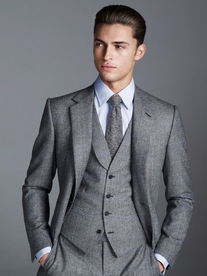 costume 3 pièces gris à carreaux cravate vintage
