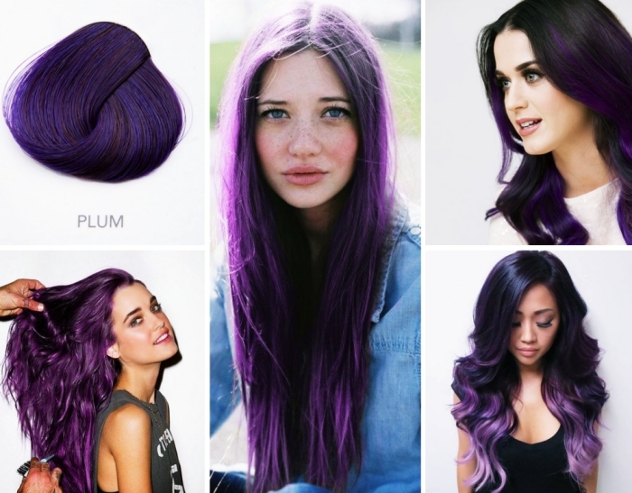 coloration cheveux tendance 2018 de nuance violet prune, maquillage pour visage bleus parsemé de tâches de rousseur