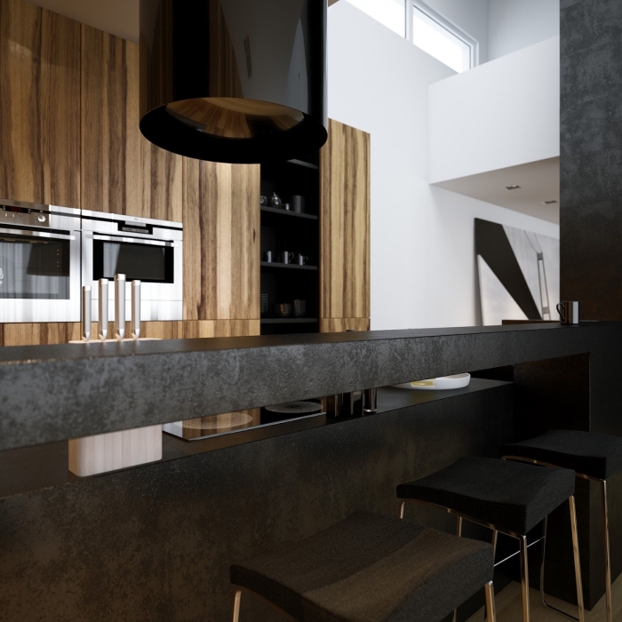 tendance intérieur avec bois et noir, modèle de cuisine contemporaine avec ilot central noir et plafond suspendu