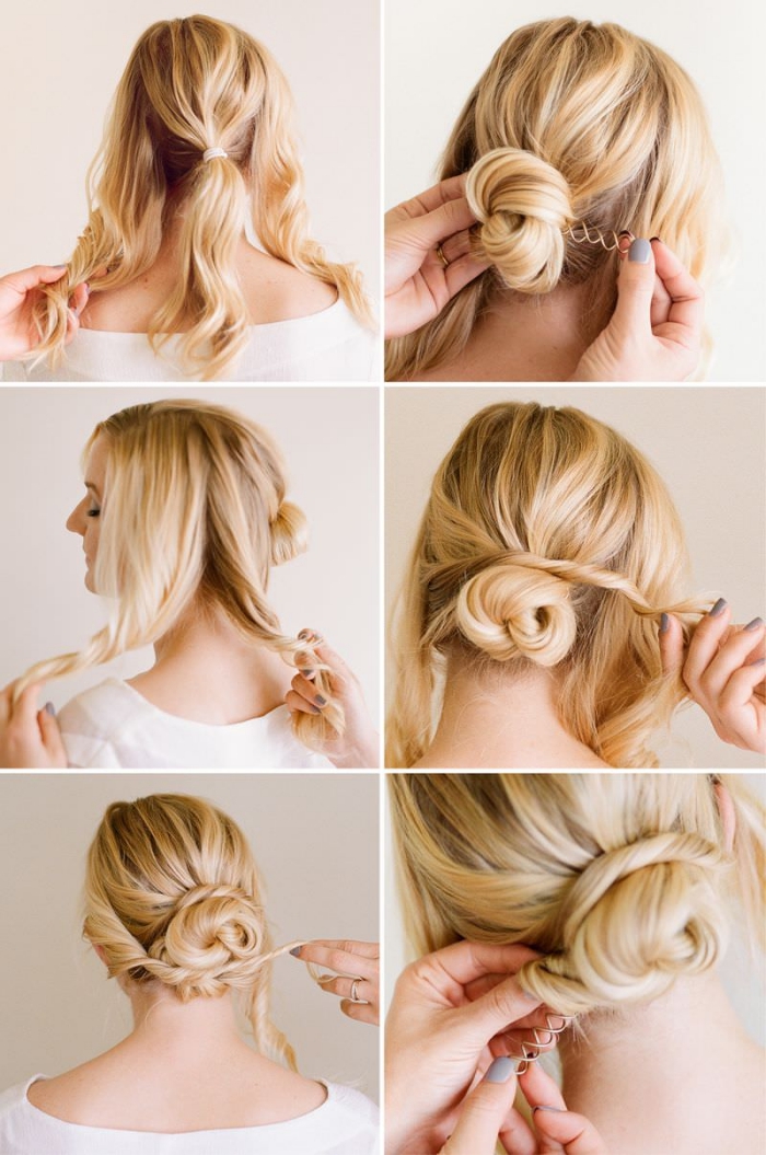 modele de coiffure, cheveux de base châtain clair avec mèches blondes en chignon de mèches torsadées