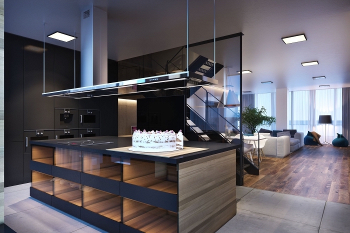 verriere cuisine, décoration d'intérieur moderne en couleurs foncées matte, cuisine noire et bois avec séparation en verre