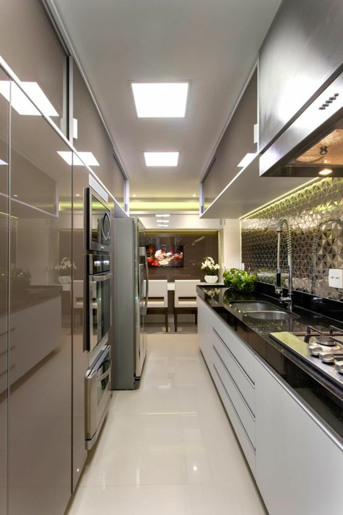 meubles de cuisine, cuisine en longueur, couleurs argent, surfaces brillantes, plafond blanc avec des carres luminescents