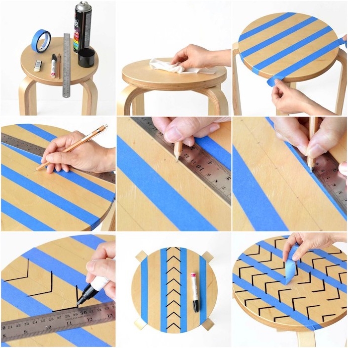 tabouret en bois transformé en table basse customisé de motifs geometriques dessinés à l aide du technique utilisant du washi tape deco
