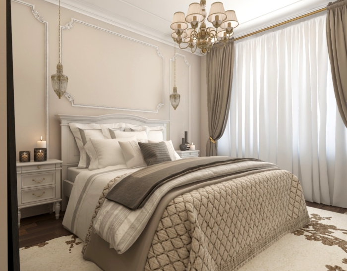 meuble chambre de bois peint en gris avec un lit kingsize avec ête à imitation cheminée blanc et gris clair