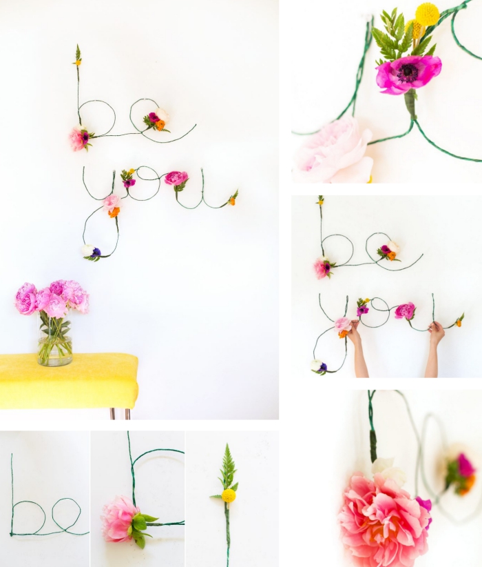 décoration pour la chambre ado fille en formes de lettres en fil et design floral, comment faire une décoration avec fleurs fraiches