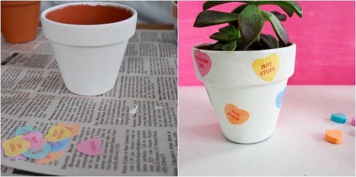 diy pot de fleur repeint en blanc customisé à motif coeurs colorés avec plante succulente dedans, diy cadeau st valentin pour elle