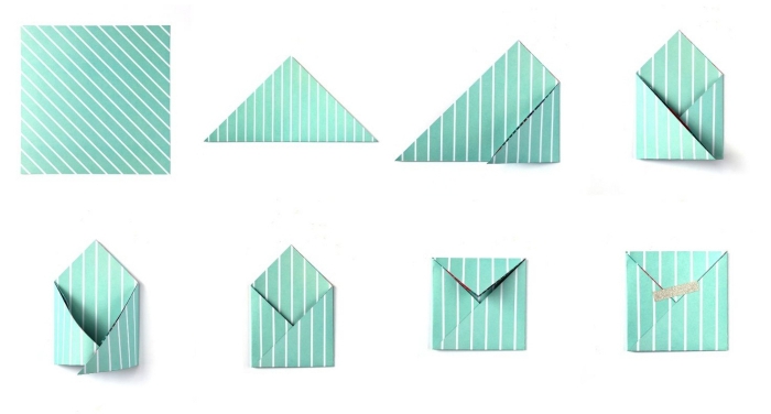 tutoriel avec les étapes de pliage papier, comment faire une enveloppe carrée en papier coloré vert et blanc