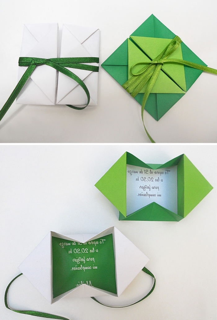 technique de pliage origami, comment faire une enveloppe origami en papier coloré vert avec ruban