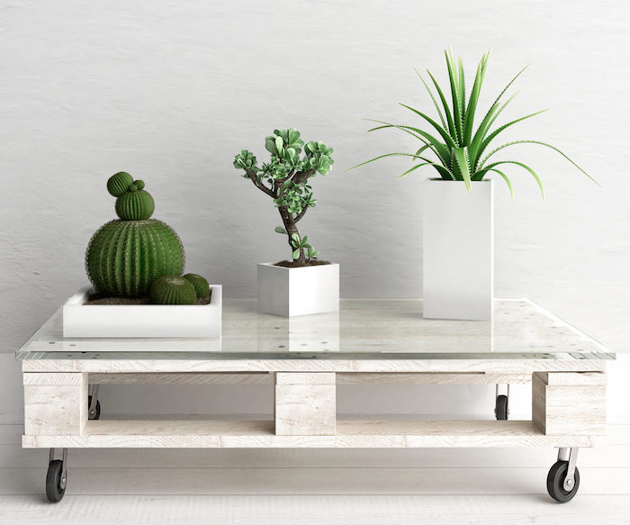table basse palette en blanc avec plateau en verre et des roulettes, rangement plantes vertes, parquet blanchi