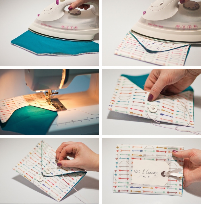 pliage enveloppe en morceaux de tissu à design coloré avec décoration de boutons blancs et fil