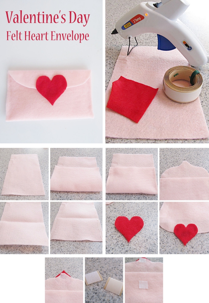 idée pour faire une surprise de Saint Valentin avec enveloppe DIY en tissu rose et petit coeur rouge