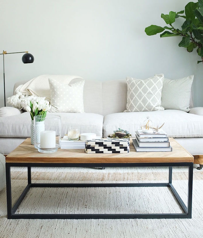 fabriquer une table basse en pieds de metal noirs et plateau bois rectangulaire, canapé blanc cassé, accents plantes vertes