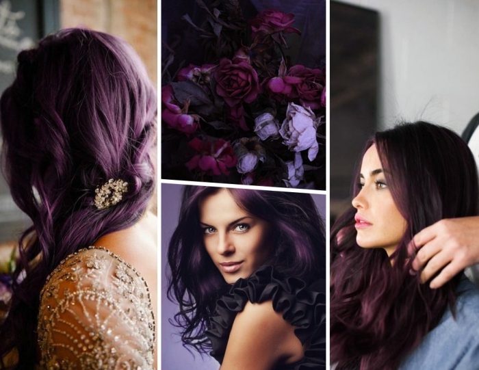 teinture cheveux violets sur base marron, coiffure de mariée aux cheveux longs attachés de côté avec bijou en or