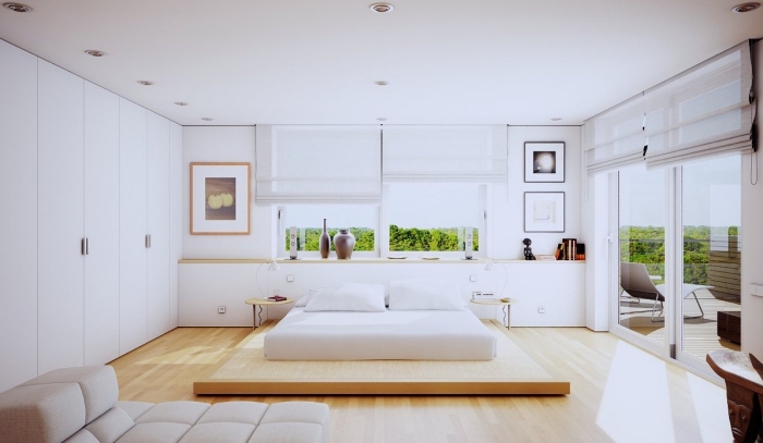 couleur pour chambre à design moderne avec garde-robe blanche et parquet de bois clair, décoration murale avec peintures