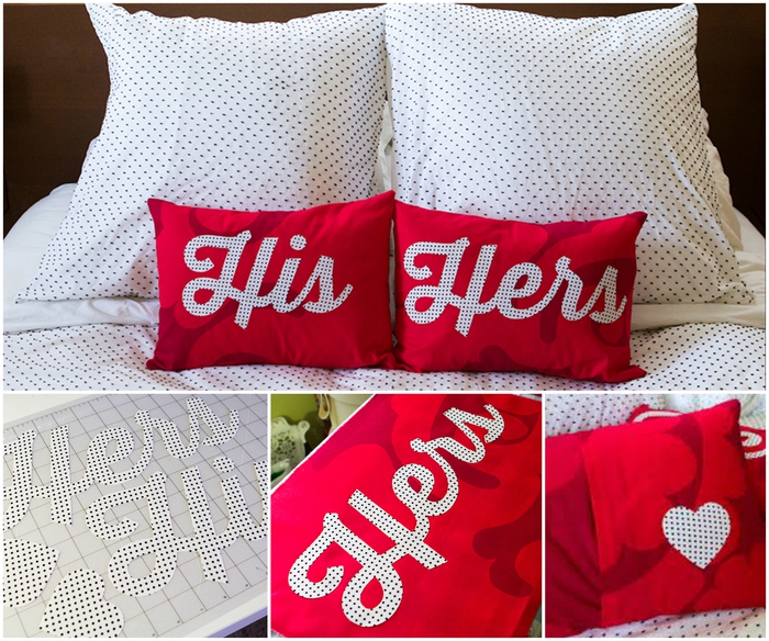 un cadeau saint valentin pour un couple qui vit ensemble, des taies d'oreiller customisées avec des applique 