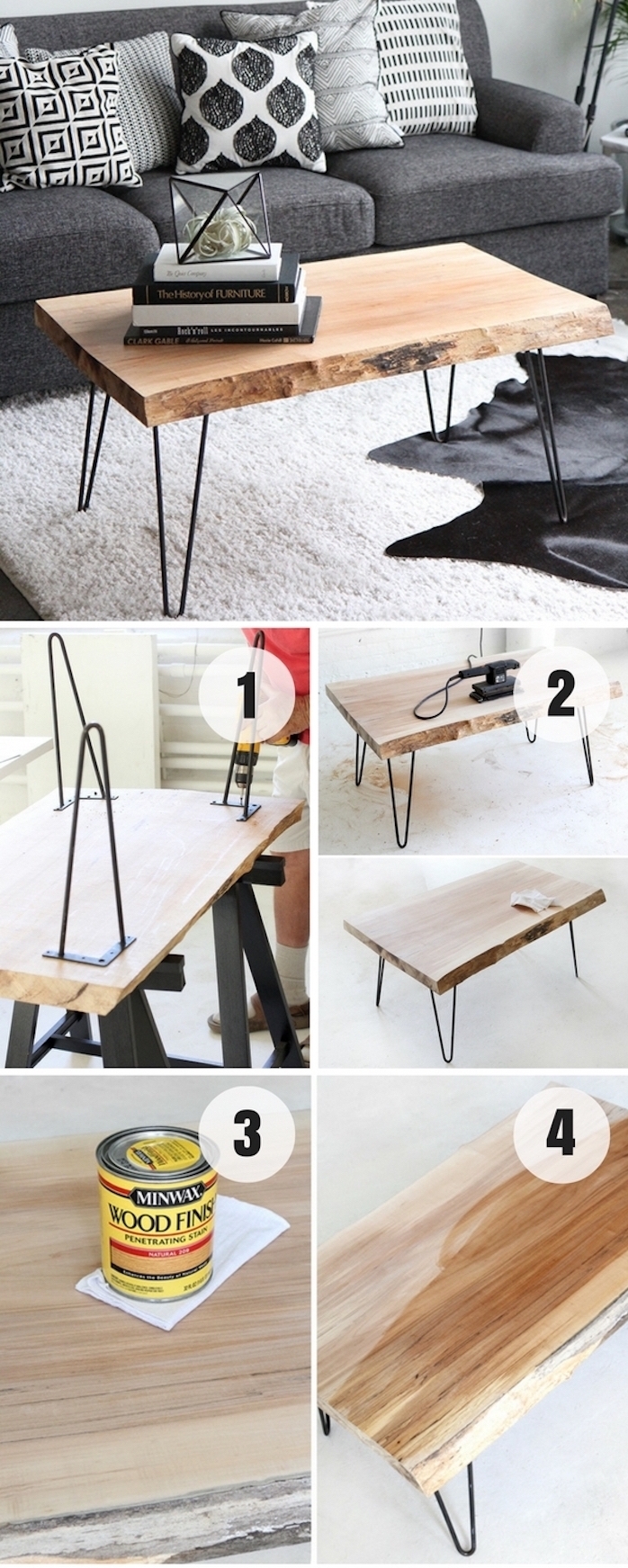 idée comment fabriquer table basse bois brut avec des pieds en epingle a cheveux, canapé gris et coussins gris, noir et blanc