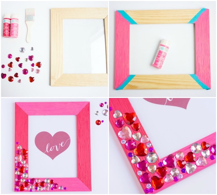 exemple de cadeau pour sa meilleure amie, fabriquer un cadre photo en bois repeint en rose et décoré de pierres colorées