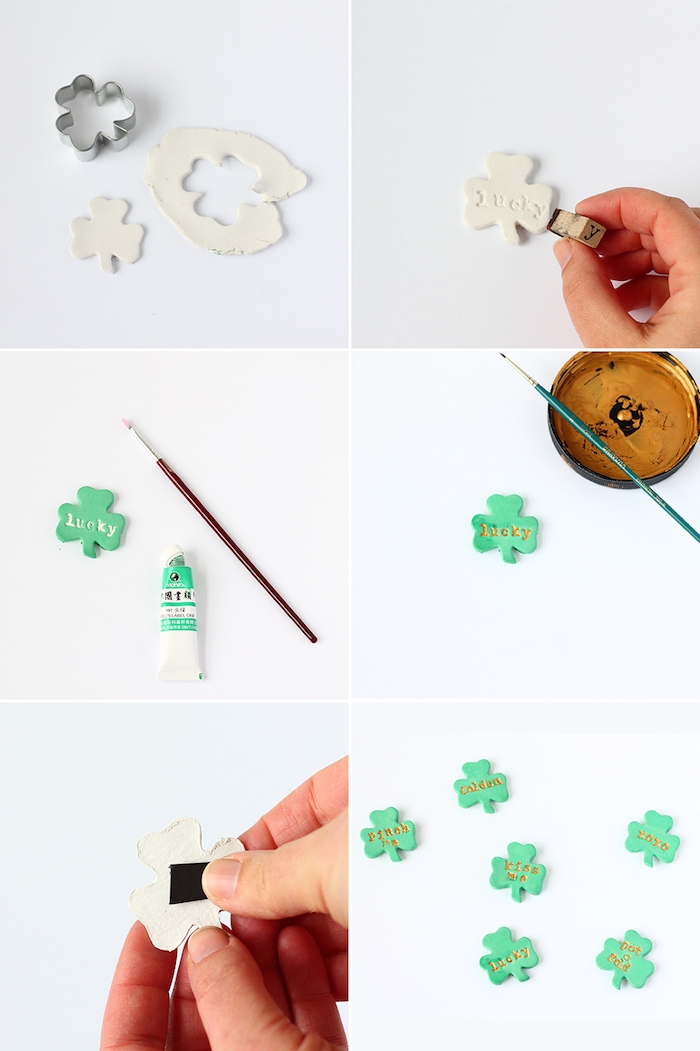 pate fimo tuto pour fabriquer une trèfle verte avec empreintes de lettres dorées, bricolage facile et rapide