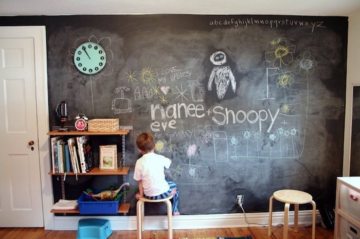 peinture ardoise dans la chambre enfant, tout un mur en dessins d enfant, parquet marron, etagere enfant