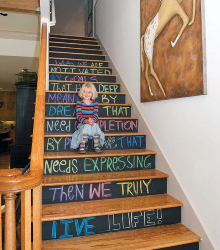 projet amusant de renouvellement d'un escalier repeint de peinture ardoise,aux contre-marches à message à la craie