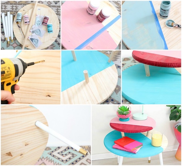 idée originale pour fabriquer table basse en planches de bois rondes de tailles diverses, customisées de peinture et pieds en bois, table à différents niveaux