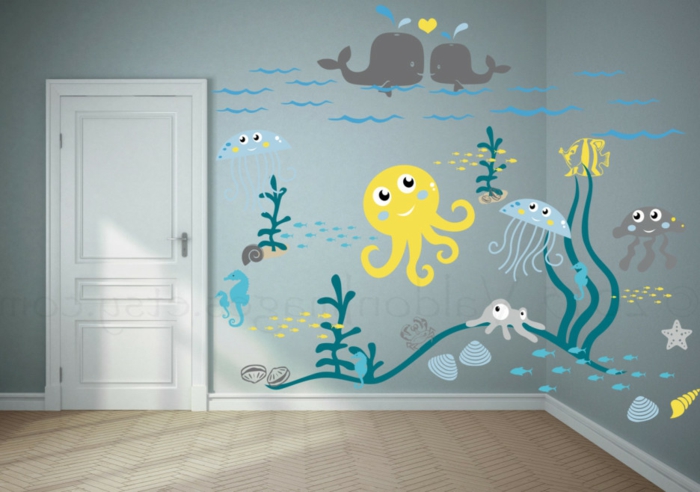 idée sympathique pour la chambre d'enfant, peinture murale fond marin