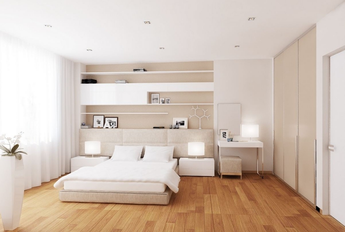 quelle couleur pour chambre adulte à design minimaliste, intérieur blanc et beige avec éclairage led et meubles moderne