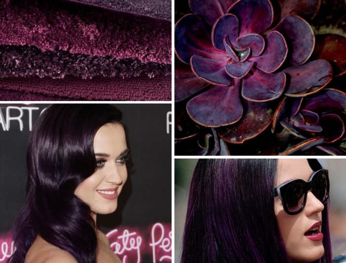 coiffure célébrité de Katy Perry aux cheveux violet foncé et mèches noires, modèle de lunettes de soleil noires pour femme