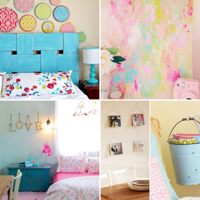 chambre ado fille 12 ans, tête de lit colorée en bleu turquoise, couverture de lit en blanc et rose à design floral
