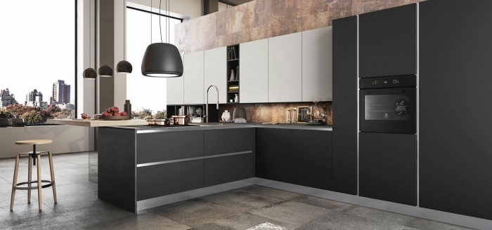 design intérieur moderne dans une cuisine large avec armoires blanches et noires à fermeture automatique