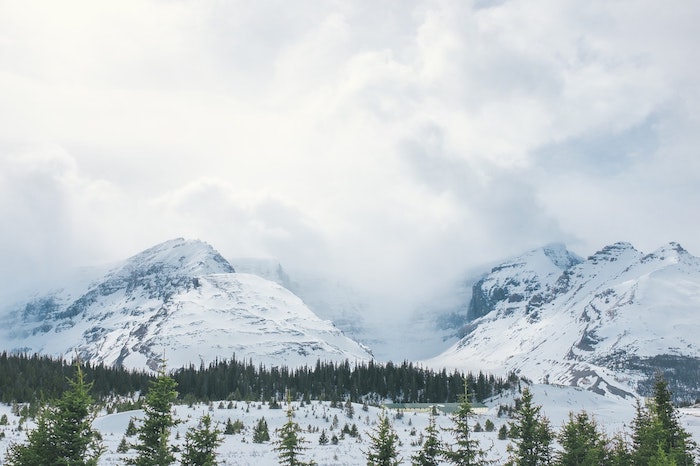 paysages d'hiver du parc national de banff, montagnes enneigées, photo en altitude, pic montagne