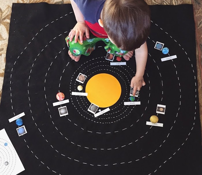 materiel montessori un panneau en tissu noir avec les planètes à ranger autour, modele miniature systeme solaire, activité divertissante enfant