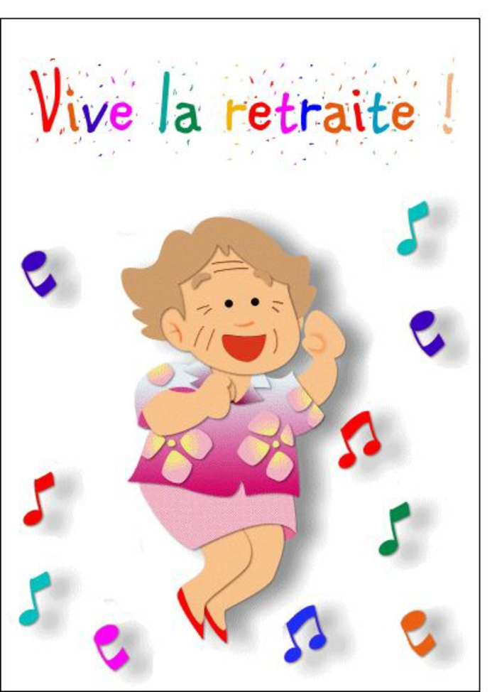 carte de retraite, depart retraite, invitation départ en retraite, message vive la retraite, une dame qui se déchaîne sur le dancing sur le rythme de notes de musique colorées