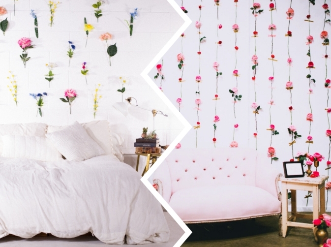 idée déco chambre ado avec guirlandes diy floraux, modèle de canapé rose pastel à dos boutonné