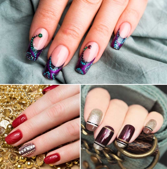 modèles de nail art sur ongles longs en gel, variation de manucure française en noir avec déco en violet et vert