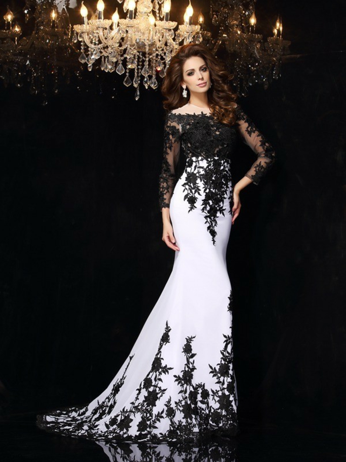 Belle robe de soirée comment s habiller pour une soirée chic robe noir et blanc longue manche dentelle