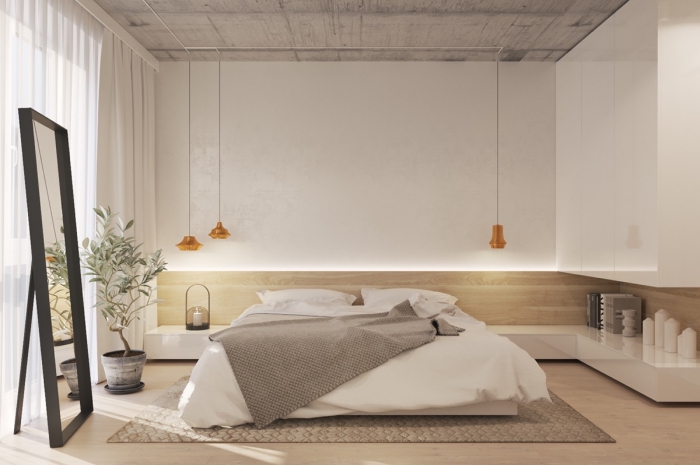 chambre à coucher design avec grand lit et meuble chambre moderne sans poignées, couleurs neutres pour la déco de l'espace intime