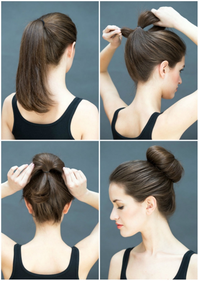 technique de coiffure simple, comment attacher les cheveux en chignon volumineux et haut