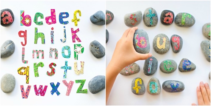 apprendre les lettres de l alphabet, activité manuelle primaire avec des lettres colorés collées sur des galets, materiel montessori