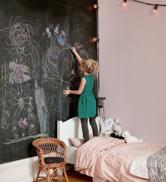 exemple de chambre enfant fille avec un mur de fond en peinture ardoise avec des dessins à la craie, lit blanc aux draps rose, chaise en rotin