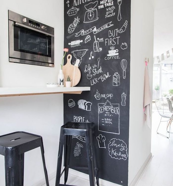 exemple de cuisine avec un pan de mur en peinture gris ardoise avec des notes et des dessins, petit comptoir avec tabourets noirs industriels