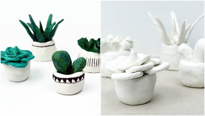 décoration verte en pots de fleurs blancs avec des plantes en pâte polymère, creation pate fimo, décorées de peinture verte